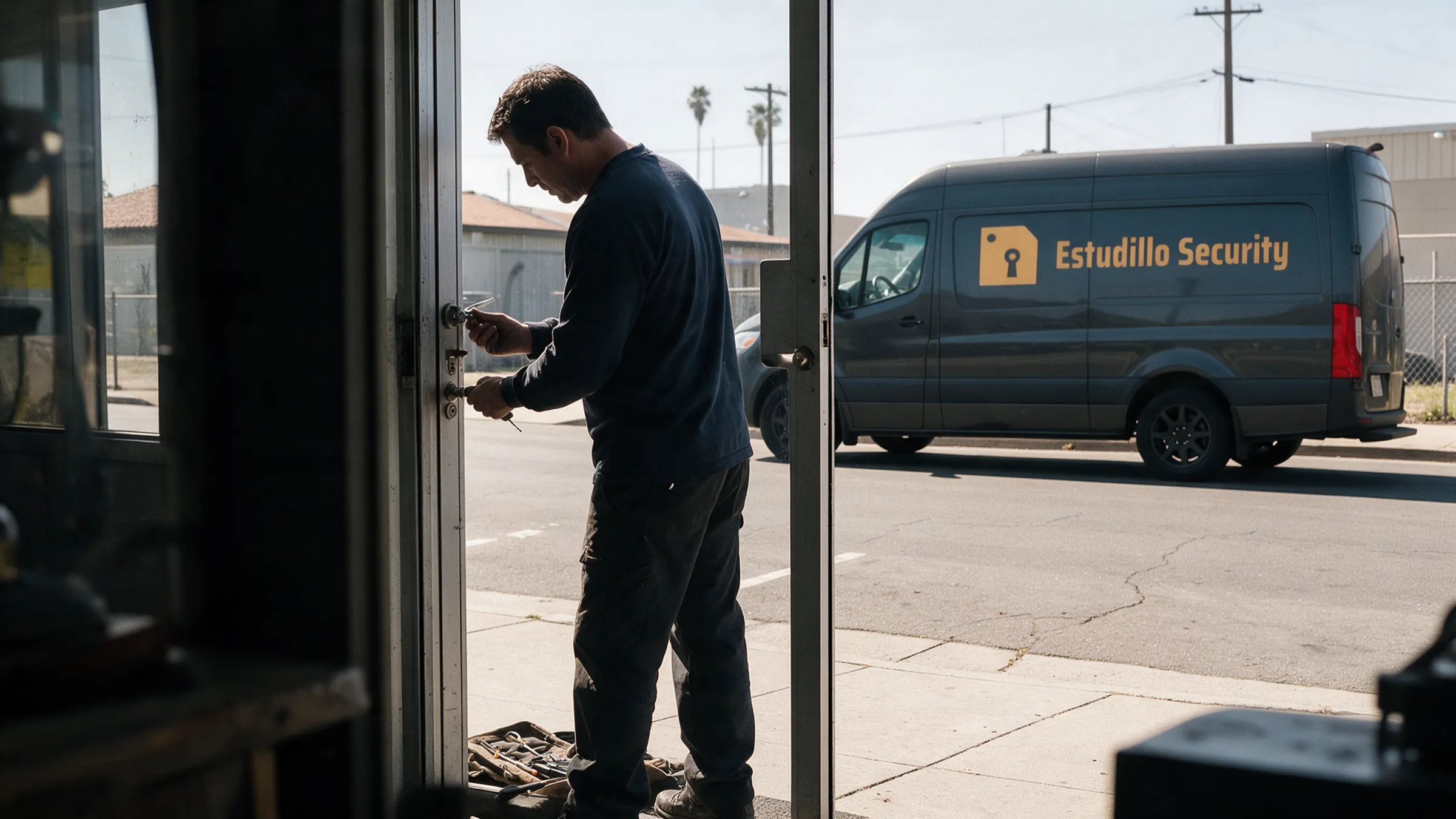 A locksmith in the doorway of a San Leandro shop rekeying the cylinder of an aluminum glass door, tool roll on the sill and a white van in the lot across the street