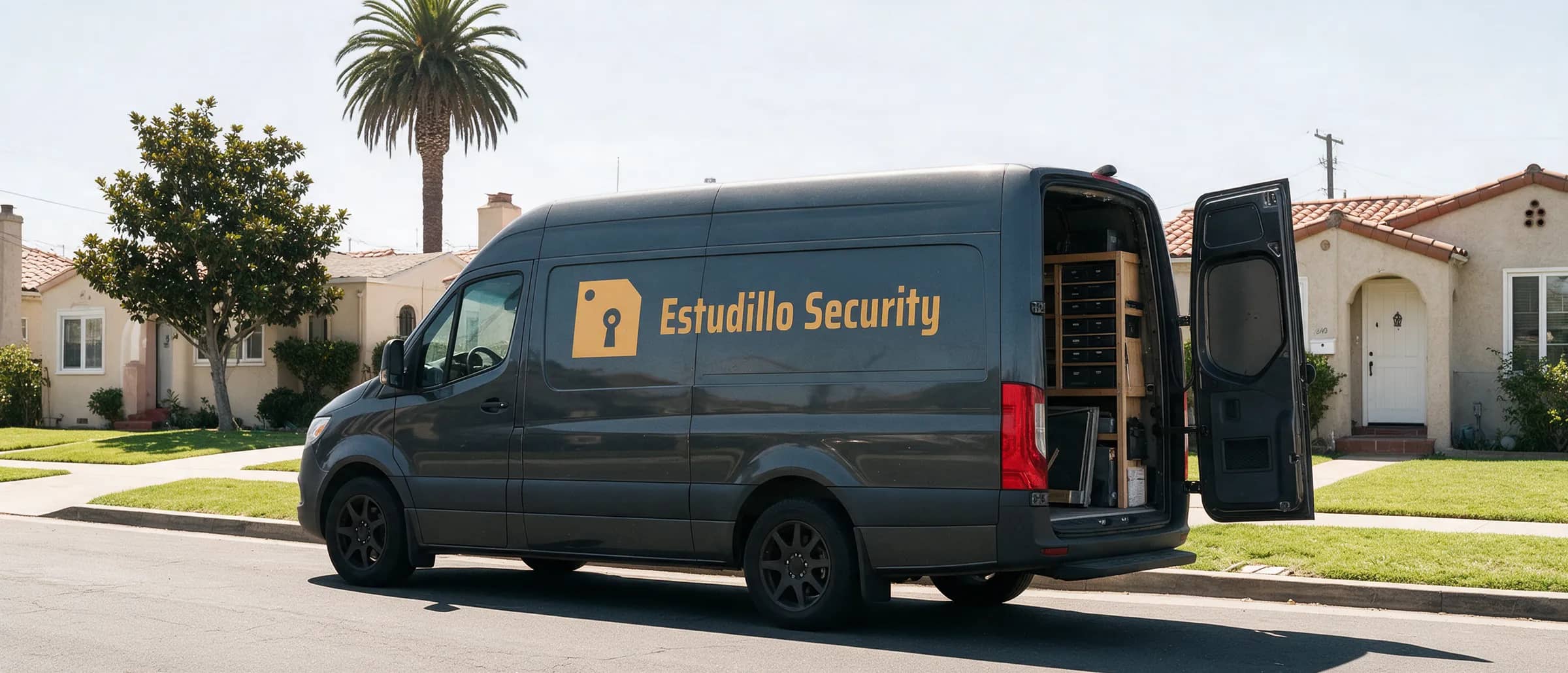 Estudillo Security van on a San Leandro street with the rear doors open